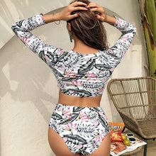 Load image into Gallery viewer, Women&#39;s Flower Print Swimsuit Two Piece Set Long Sleeve Conservative High Waist Swimwear Beach Vacation Bikini Bathing Suit
