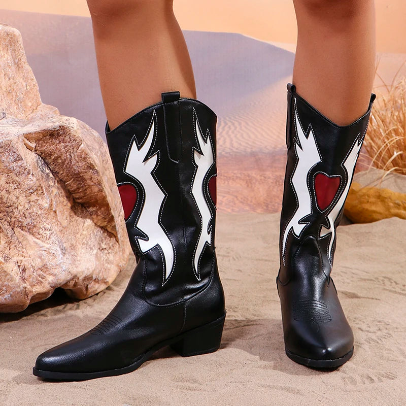 Women's Fashion Chunky Heeled Cowgial Boots Plus Size Slip On Mid Calf Boots - Shop & Buy