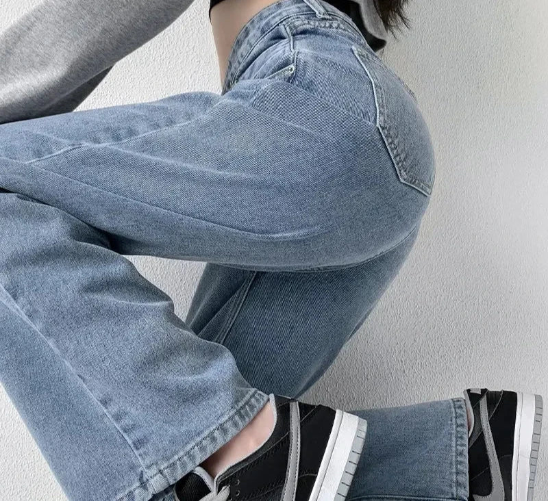 Baggy Straight Jeans Y2K Office Lady Women's Loose Pants Fashion Light Blue Cross High Waisted