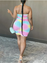 Load image into Gallery viewer, Plus Size Tie-dye Backless Ruched Mini Dress Full Print Rainbow Sleeveless
