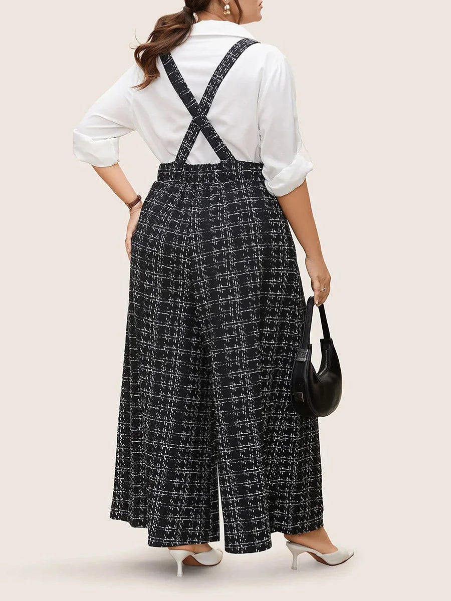 Women Plaid Plus Size Jumpsuit with Spaghetti Straps and Belted Waist Casual Wide Leg Overalls with Pockets and Buttons