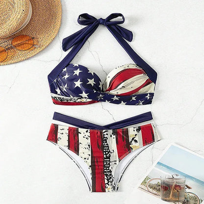 Women's Two Piece Swimsuit American Flag Print High Waist V-neck Push Up Bikini Set Halter Backless Beach Vacation Swimwear - Shop & Buy