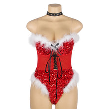 Load image into Gallery viewer, Red Christmas Erotic Bodysuits Plush Sequin Romper Costumes Teddy Sexy Body Lingerie Women Jumpsuits Overalls One Pieces
