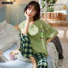 Load image into Gallery viewer, New Sleepwear Cartoon Cotton Pajamas for Women Long Pants Short Sleeved Summer Spring Loungewear
