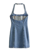 Load image into Gallery viewer, Summer temperament casual sexy backless halter neck slim fit denim dress short skirt
