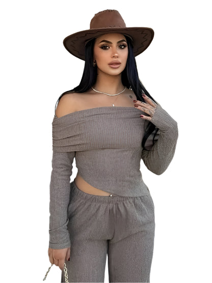 Women Two Piece Light Brown Sexy One Shoulder Irregular Long Sleeved Shirt Casual Wool Suit