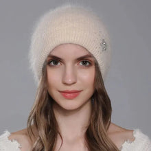 Load image into Gallery viewer, Hat For Women Winter Warm Fashion With Diamond Flower Beanies Knitted Angora Long Rabbit Fur Hats Double Layer Ladies Cap
