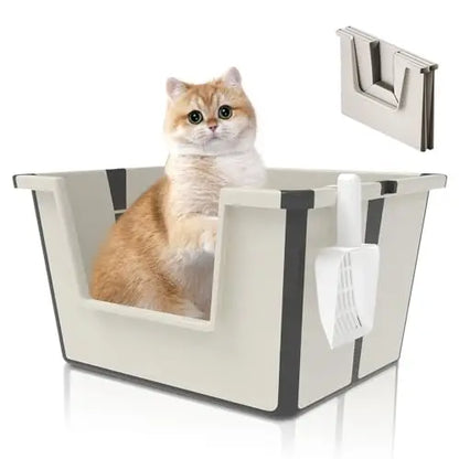 Tall Open Top Cat Litter Box with High Sides and Scoop Portable and Foldable Large Size for Multiple Cats or Big Cat Home Use