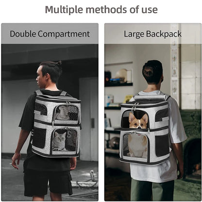 Double-Compartment Pet Carrier Backpack for Small Dogs and 2 Cats Super Ventilated Design Outdoor Cat Backpack Carrier Dog Bags