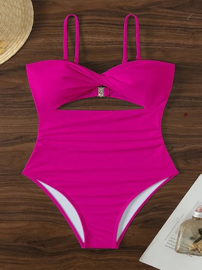 Women's Solid Color One Piece Swimsuit Sexy High Wasit Hollow Out Monokini Bikini Suspender Backless Beach Vacation Swimwear - Shop & Buy