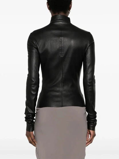 High Neck Black Matte Leather Jacket Top Women Vintage PU Long Sleeve Zip Coat Ladies Stretch Slim Outwear