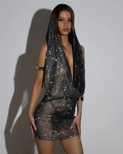 Y2K Streetwear See Through Mesh Women Dress Shiny Rhinestone Bandana Head Wraps Dress - Shop & Buy