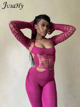 Load image into Gallery viewer, Crochet Halter Bandage Jumpsuits Women Solid Hollow Backless Sexy Overall Long Sleeve Tops
