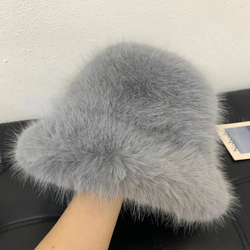 y2k Fluffy Faux Fur Bucket Hat Women Rabbit Fur Warm Thick Plush Winter Hat Lady Luxury Fashion - Shop & Buy