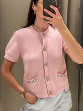 Load image into Gallery viewer, Summer New Ruili Sweet Round Neck Short Sleeve Double Pocket Rhinestone Knitted Cardigan
