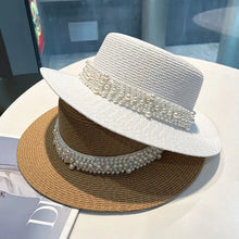 Load image into Gallery viewer, New Flat Top Straw Hat Pearl Decoration Leisure Summer Sunscreen Hat
