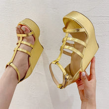 Load image into Gallery viewer, Summer Golden Open Toe Narrow Band Platform Wedges Woman Sandals Fashion Hollow Out Thick Bottom High Heels Shoes
