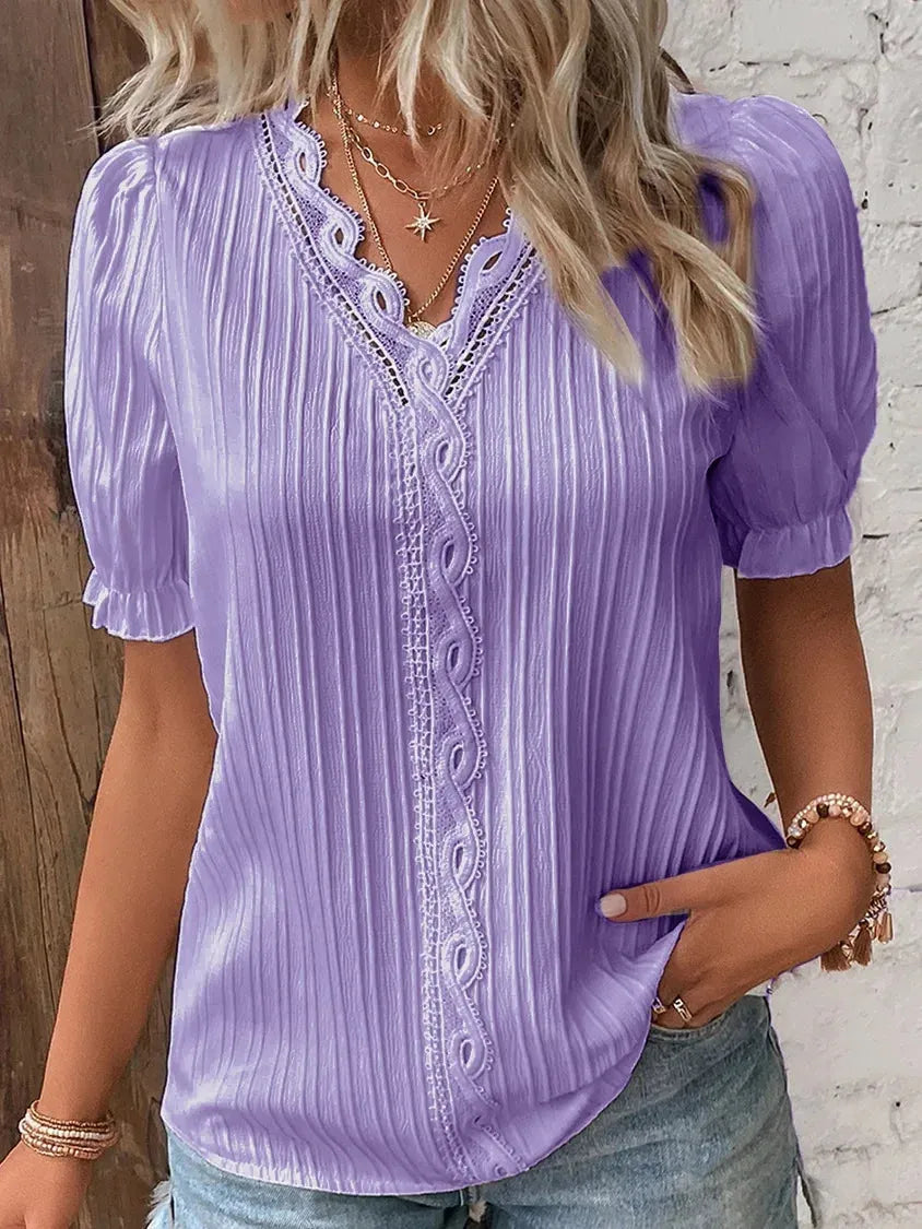 Women's Summer New Top Solid Sexy V-Neck Hollow Short Sleeve Shirt Fashion Splice Plus Size Blouse - Shop & Buy