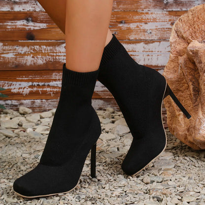 Women's Sexy Stiletto Heel Sock Boots Solid Color Square Toe Stretch Slip On Booties - Shop & Buy