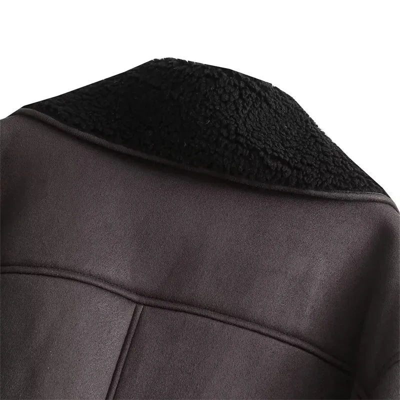 Women's new thick jacket Vintage lapel leather jacket single breasted pocket street warm jacket - Shop & Buy