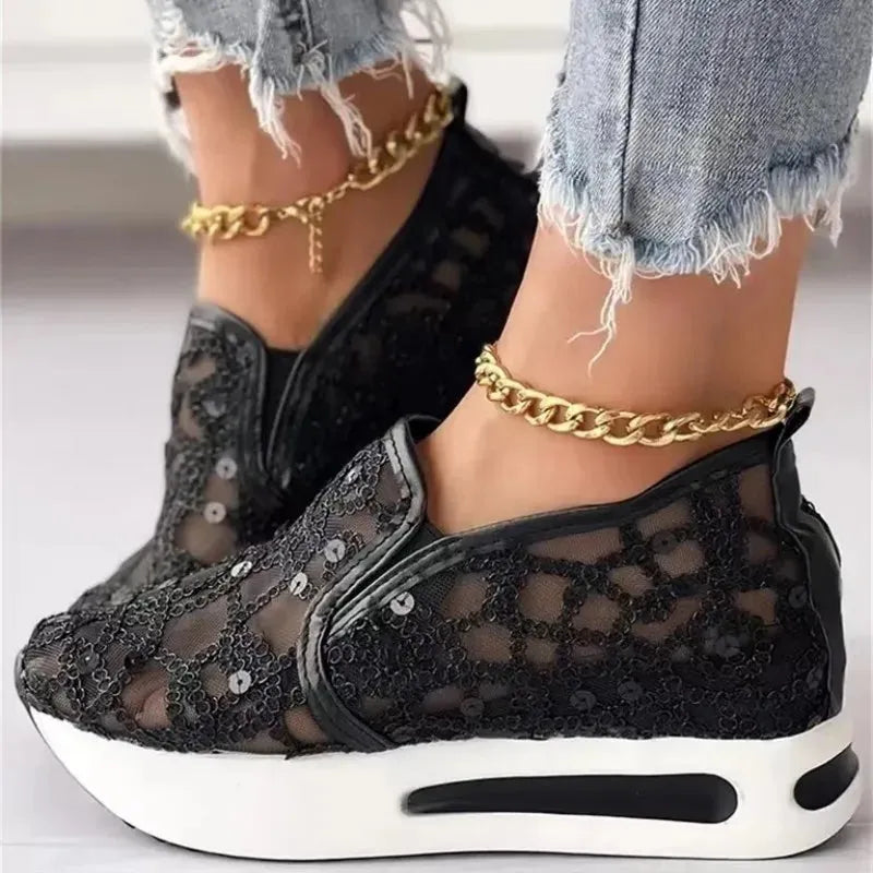 Women's Sneakers Floral Embroidery Mesh Sneakers for Women Slip on Casual Comfy Heeled Shoes - Shop & Buy