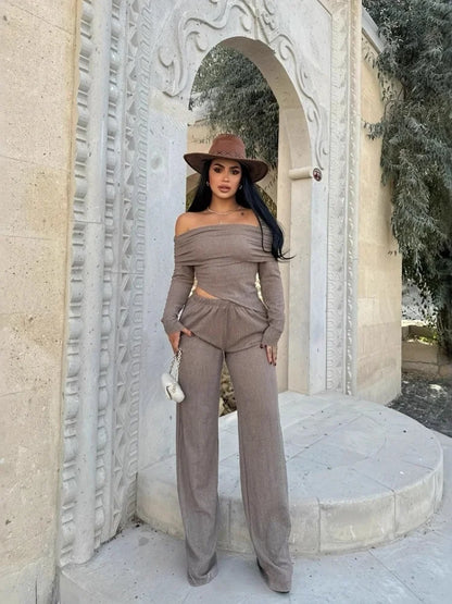 Women Two Piece Light Brown Sexy One Shoulder Irregular Long Sleeved Shirt Casual Wool Suit