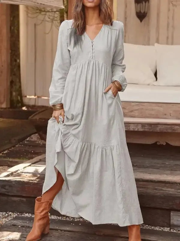 Women's Dresses Button Retro Casual Long Sleeved Long Skirts 2024 Autumn Winter New Solid Color Plus Size Female Clothing - Shop & Buy