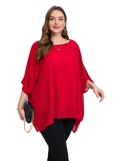 Womens Plus Size Elegant Summer Blouse Batwing Sleeve Oversized Chiffon Blouse Scoop Neck Large Size Casual Tunic Top Shirt 6XL - Shop & Buy