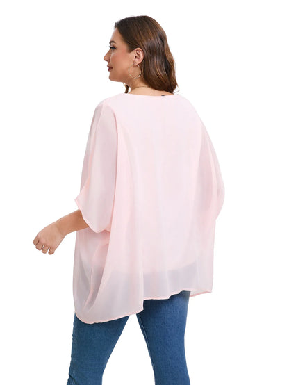 Womens Plus Size Elegant Summer Blouse Batwing Sleeve Oversized Chiffon Blouse Scoop Neck Large Size Casual Tunic Top Shirt 6XL - Shop & Buy