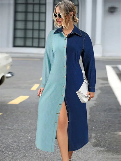 Plus Size Denim Dresses Women Long Sleeve Casual Button Pockets Pathwork Maxi Dress Fall Clothes