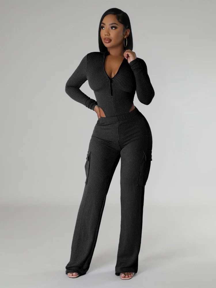 Women Two-piece Elastic Twisted Strip High Waisted Long Sleeved Jumpsuit Work Pants Set