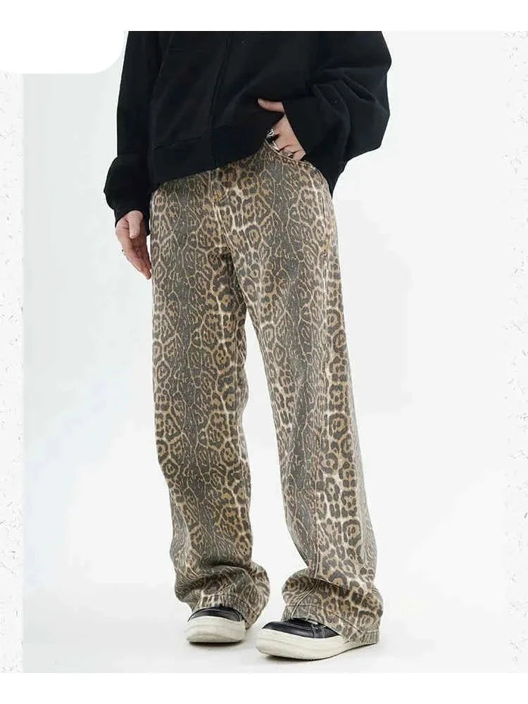 Women's American Vintage Leopard Print Washed Thin Jeans Street Casual Neutral Style DenimTrousers High Waist Straight Pants