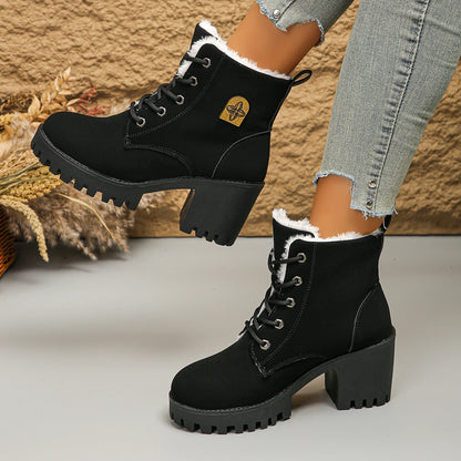 Women's Thicken Warm Plush Winter Boots Fashion Black Chunky Heeled Ankle Boots - Shop & Buy