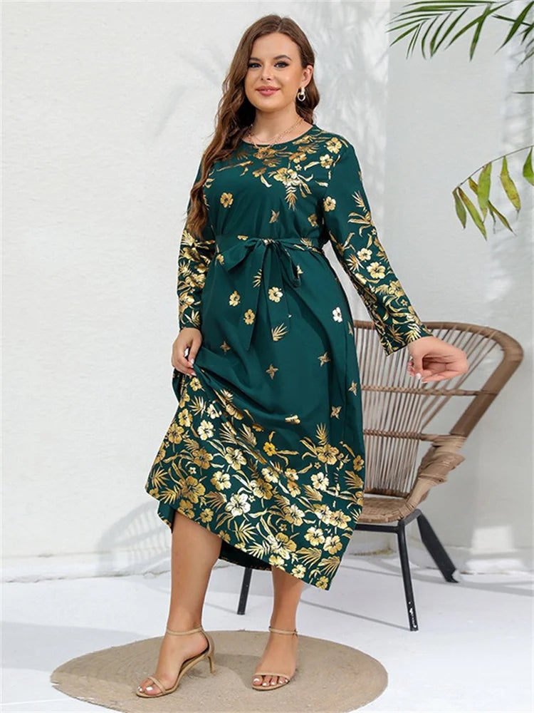 Plus Size Dresses for Women O Neck Elegant Lady Print Loose Casual Long Sleeve Fall Maxi Dress