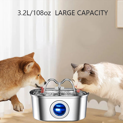 108oz/3.2L Cat Water Fountain, Stainless Steel Pets Cat Water Dispenser with LED Light Silent Pump Automatic Fountain for Cat Dog