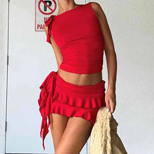 Load image into Gallery viewer, 2 Piece Set Women Vintage Lettuce Edge Tie Up Crop Top + Ruched Tiered Ruffles Mini Skirt Club Party Streetwear
