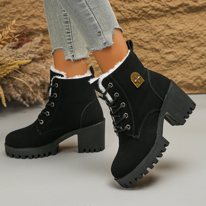 Women's Thicken Warm Plush Winter Boots Fashion Black Chunky Heeled Ankle Boots - Shop & Buy