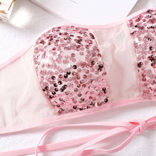 Load image into Gallery viewer, Women Sequins Mesh Sexy Lingerie Suits Backless Strapless Bra+Mini Thongs American Bandage Transparent Underwear Sets
