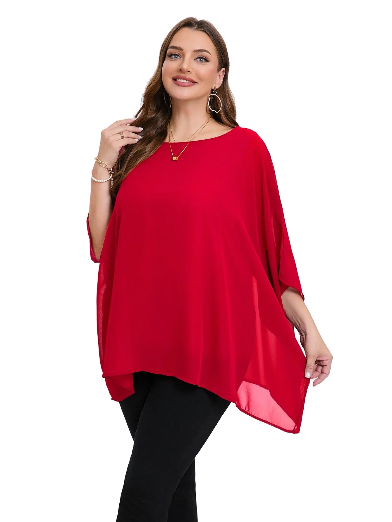 Womens Plus Size Elegant Summer Blouse Batwing Sleeve Oversized Chiffon Blouse Scoop Neck Large Size Casual Tunic Top Shirt 6XL - Shop & Buy