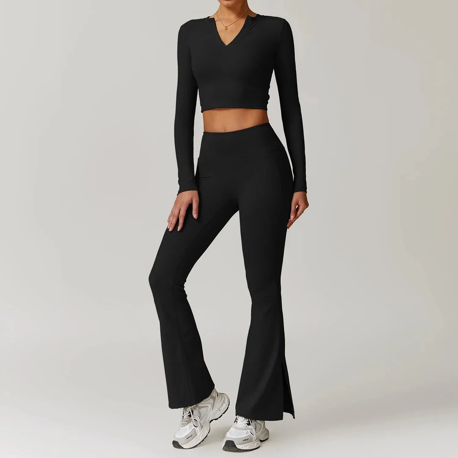 Women's Long Sleeve Yoga Set V Neck Shirt Top Sport High Waist Flare Leggings Suit Tracksuit Slim Fit Two Piece Fitness Outfits - Shop & Buy