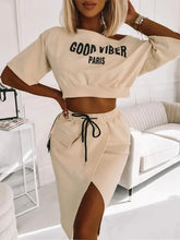 Load image into Gallery viewer, Plus Size Two Piece Good Viber One Shoulder Letter Print Set Crop Top+High Split Skirt
