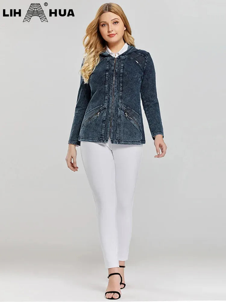 Women's Plus Size Hooded Denim Jacket Fall Stretch Cotton Knit Long Sleeve Casual Jacket - Shop & Buy