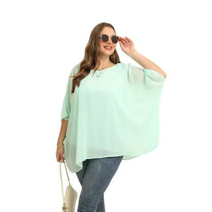 Womens Plus Size Elegant Summer Blouse Batwing Sleeve Oversized Chiffon Blouse Scoop Neck Large Size Casual Tunic Top Shirt 4XL - Shop & Buy