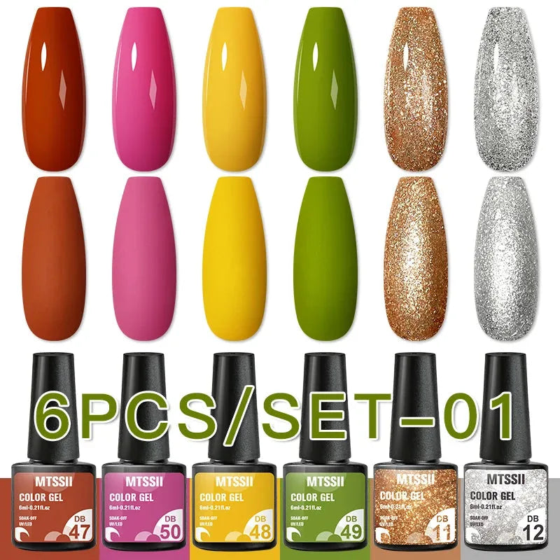 6PCS/Set Red Gel Nail Polish Set Glitter Sequins Semi Permanent Base Matte Top Coat Soak Off LED UV Nail Art Gel Varnish - Shop & Buy