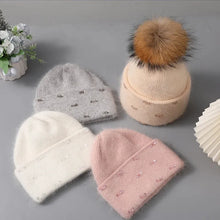 Load image into Gallery viewer, New Hat For Women Winter Knitted Angora Rabbit Fur Beanie Fashion With Rhinestone Warm Hats Female Luxury Brand Cap y2k
