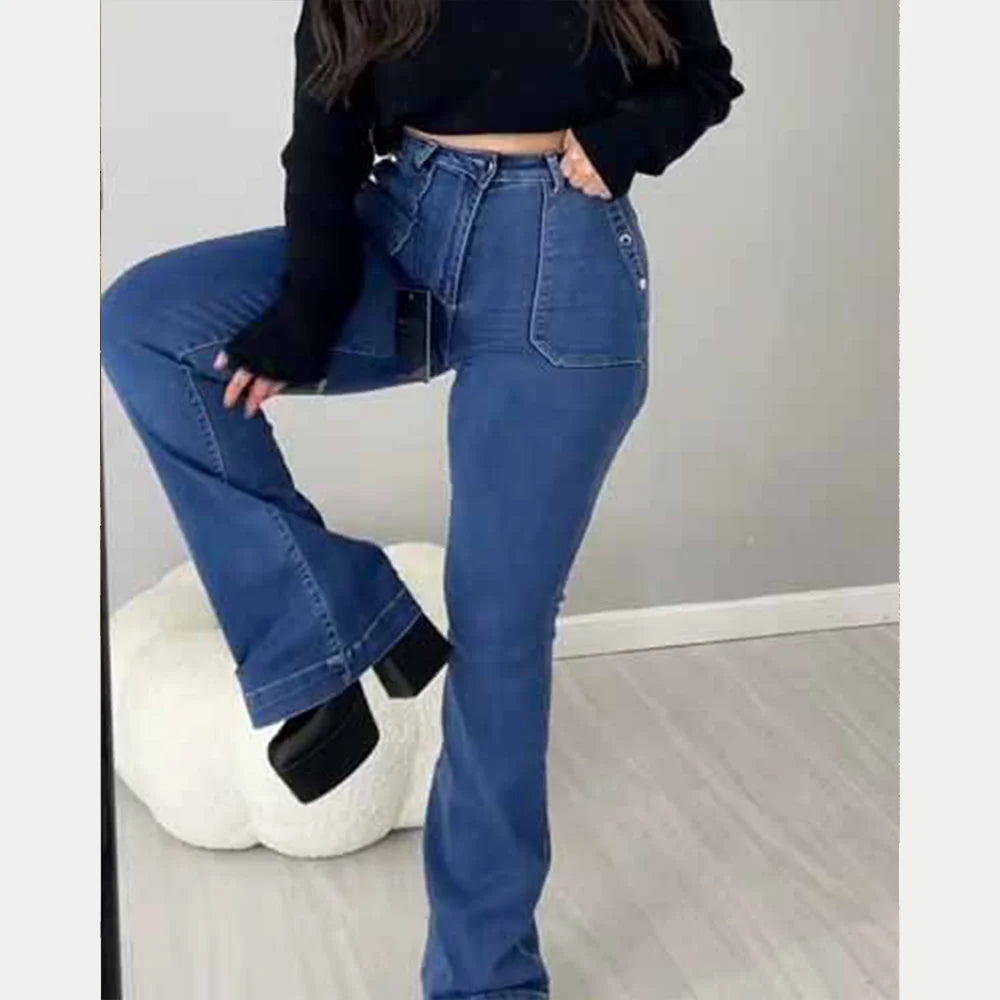 Women Flared Jeans Denim Pants Bottom Straight Mid Waist Stretch Fashion Female Flare Trousers