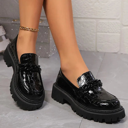 Women's Chain Decor Platform Loafers Fashion Black Patent Leather Dress Shoes Woman Comfortable Slip On Flat Shoes - Shop & Buy