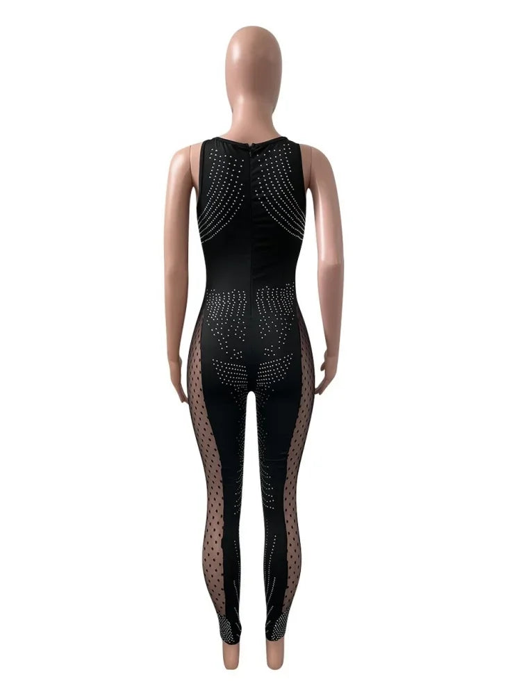 Women Party Jumpsuit Black Sexy Hollow Tight Hot Diamond Mesh Milk Silk Splicing Jumpsuit