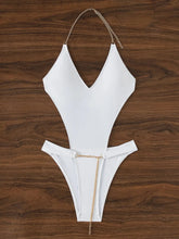 Load image into Gallery viewer, Sexy White One Piece Swimsuit Sexy Metal Chain High Waist Monokini Bikini Deep V-neck
