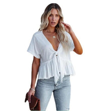 Load image into Gallery viewer, Prowow Sexy V-nekc Women Shirts Ruffle Solid Color Bow Female Tops Clothes Short-sleeved Summer Pullovers T-shirts